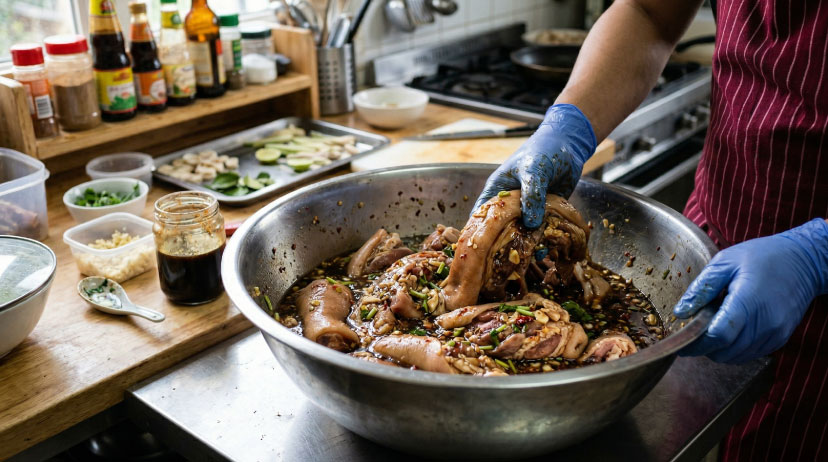 หมักหางหมูกับซอสปรุงรส กระเทียม พริกไทย และรากผักชี ก่อนนำไปย่างให้หนังกรอบ