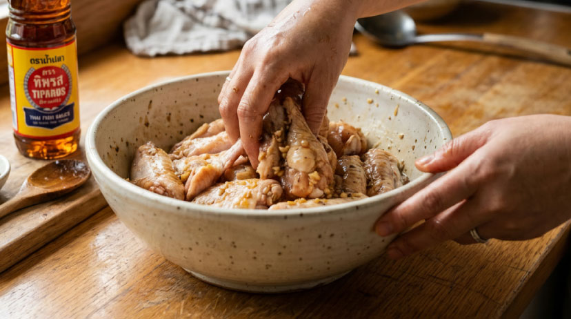 เทคนิค หมักปีกไก่ทอดน้ำปลา ให้หนังไม่ไหม้ คลุกส่วนผสมให้ทั่วก่อนนำไปทอด