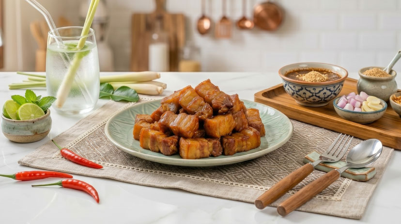 เมนู หมูสามชั้นทอดน้ำปลา สีเหลืองทองน่าทาน เสิร์ฟคู่กับเครื่องเคียงและน้ำจิ้มสูตรพิเศษ