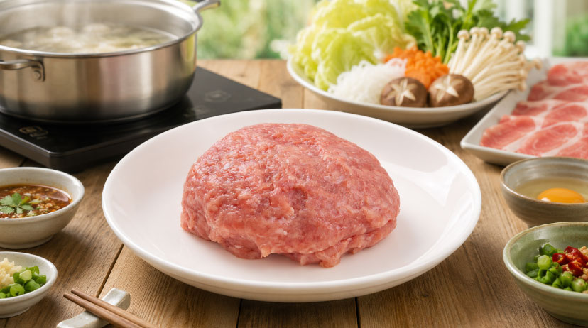 เคล็ดลับ ทำหมูเด้งชาบู ด้วยการนวดหมูสับปั้นก้อนด้วยมือจนเนื้อเนียนเด้งสู้ฟัน